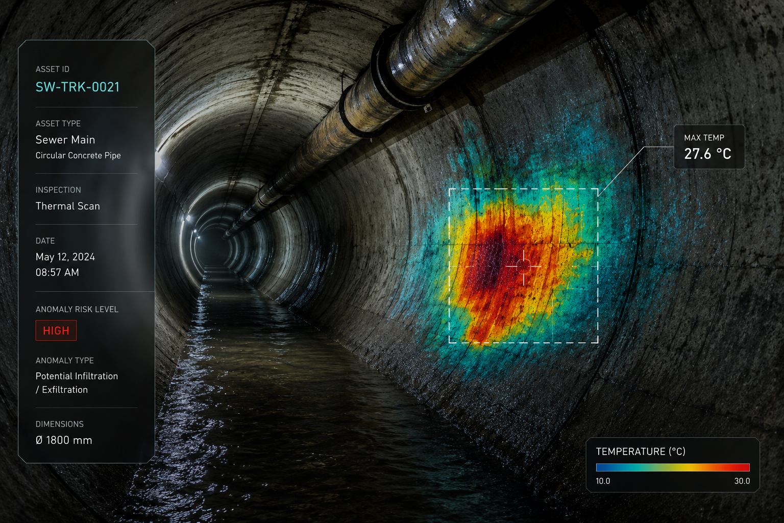 Thermal anomaly scan of tunnel infrastructure with risk overlays